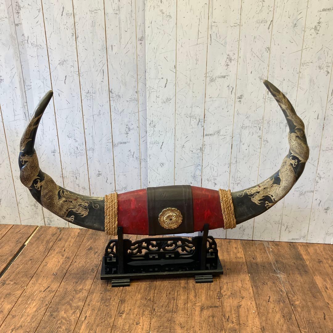 昭和レトロ アンティーク 水牛の角 彫刻 龍 双龍 天然 縁起物 置物 オブジェ 9fc196247c2651575ec653eed74a8c