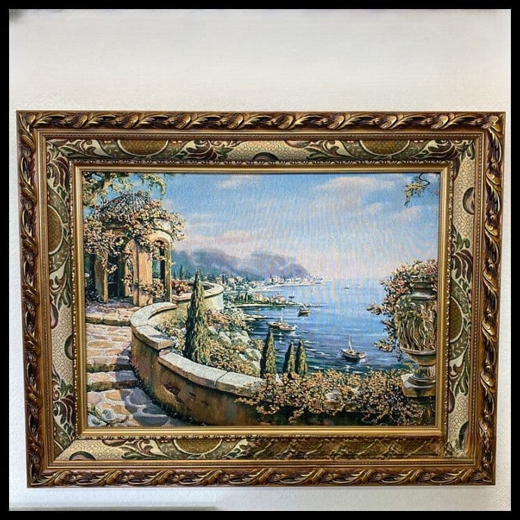 絵画　風景画　フランス・ゴブラン織り使用　良質キャンバス　豪華　金枠　額絵 絵画 窓から眺める丘 フランス ゴブラン ゴブラン織り 名画 風景画