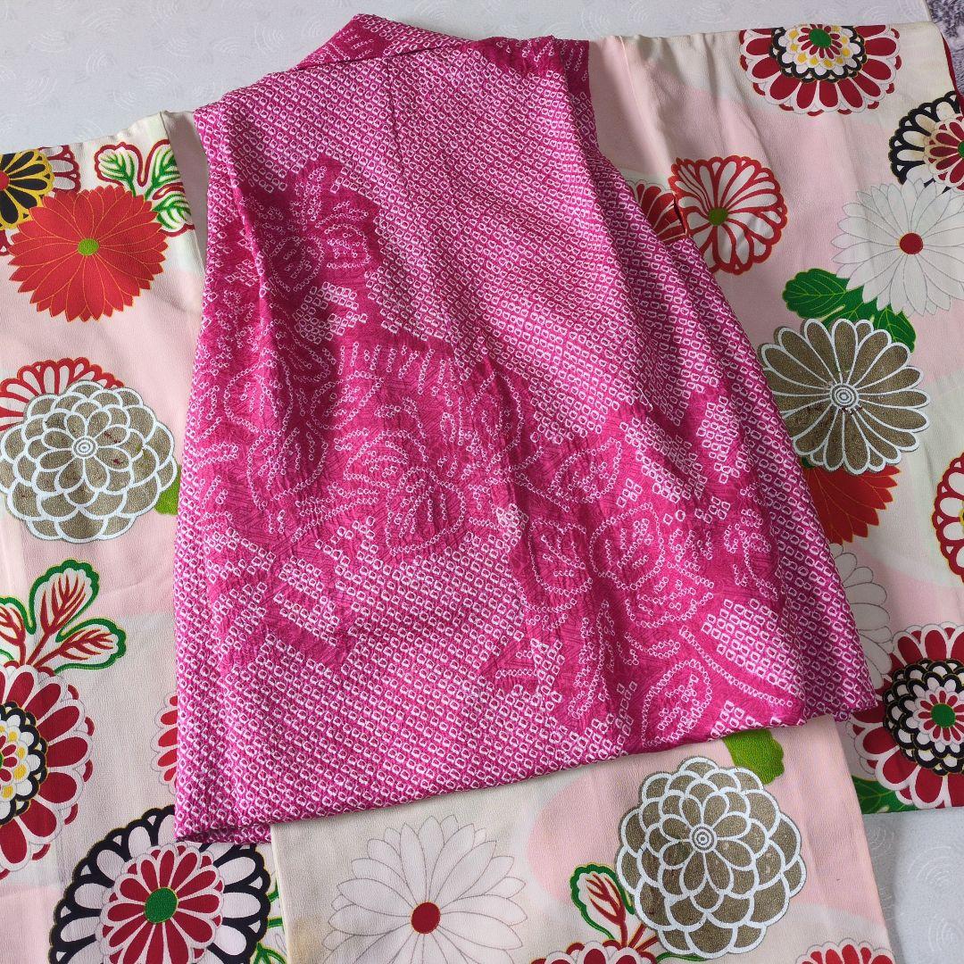 七五三3歳女の子アンティーク着物と正絹総絞り手縫いの被布と巾着