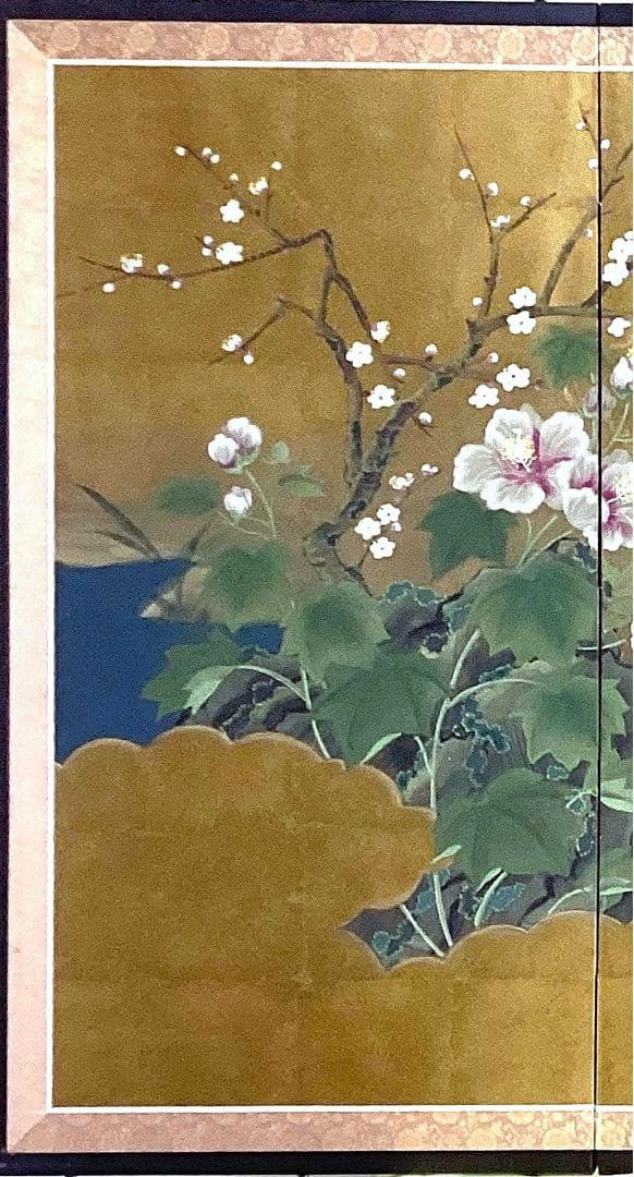 四つ折り屏風 日本画 金箔彩色 『鴨に梅・芙蓉』 - メルカリ