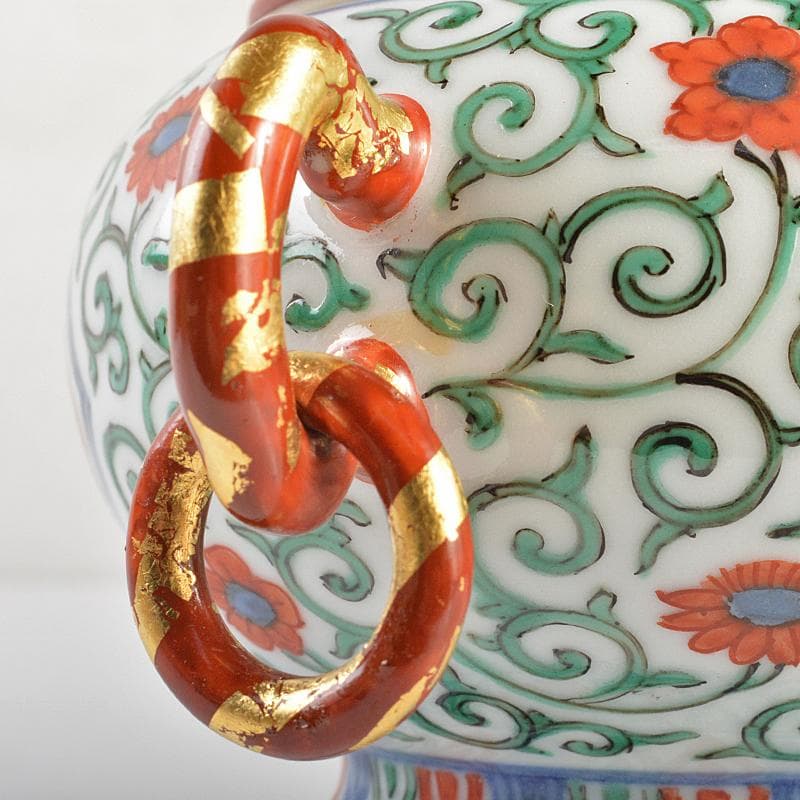 篩月庵 三浦竹泉造 赤絵金彩 花唐草龍文 双耳遊環香炉 共布共箱 J