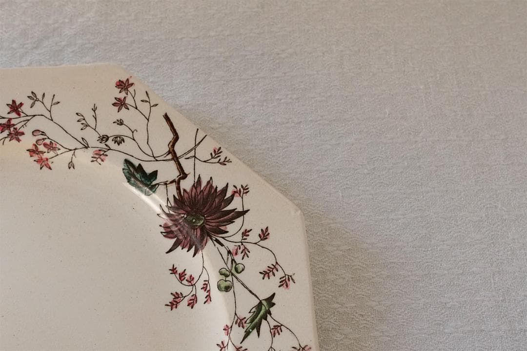 イギリスアンティーク　ボタニカル柄　オクトゴナル　プレート　22.1cm　B