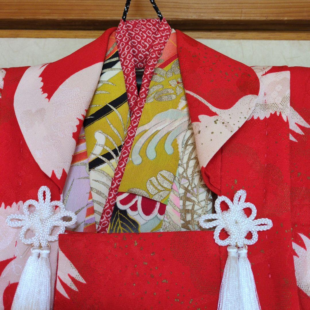 七五三3歳アンティーク着物と正絹鶴柄の被布(中綿無し）