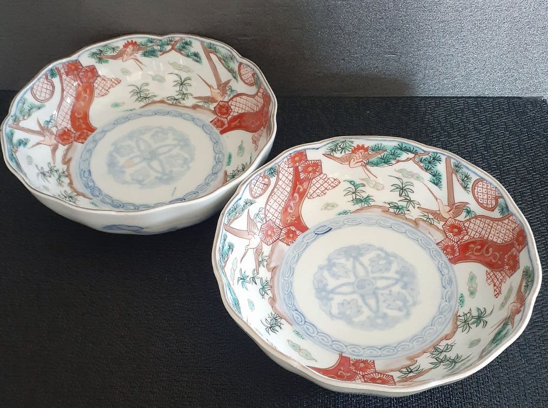 江戸時代末期～明治 古伊万里 錦手 金彩色絵 松鶴図 赤絵金彩 大振り膾