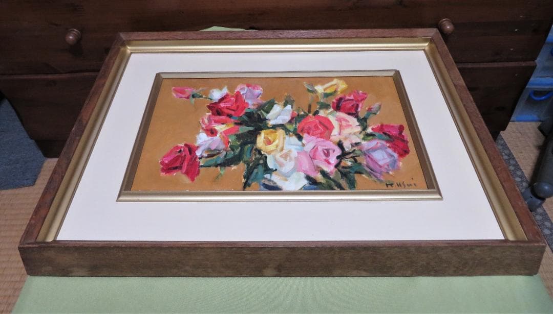 コーヒータイム　臼井圭助　「　ばら　」油彩　M6号　創元会 真作保証