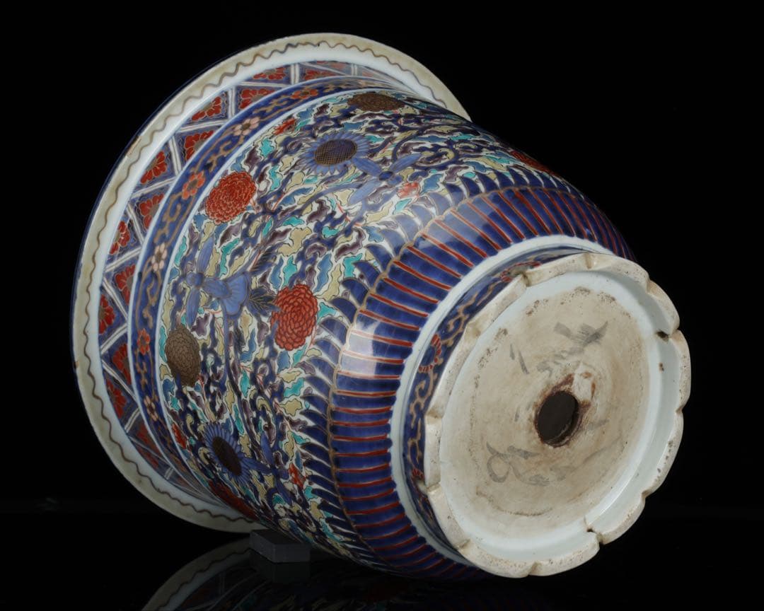 古伊万里】色絵金彩大鉢 菊牡丹文様 植木鉢 蘭鉢 盆栽鉢 火鉢 骨董