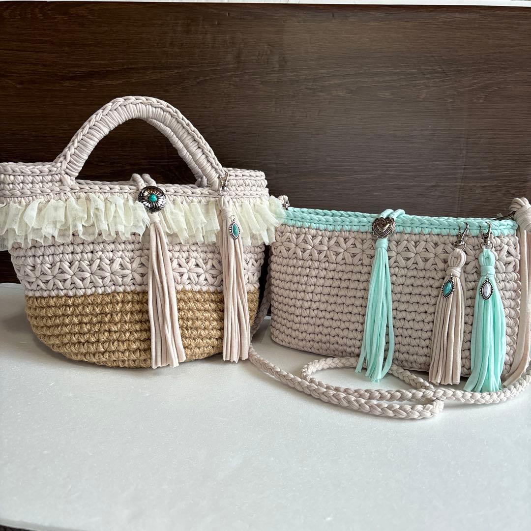 ズパゲッティ♡Tシャツヤーン♡ロシアヤーン♡マルシェバッグ♡フリル付きバッグ♡ ズパゲッティ(Tシャツヤーン)♡ロシアヤーン♡マルシェバッグ♡トート