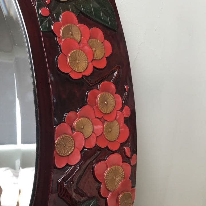 壁掛け鏡 木製 漆 花 彫刻 オーバル 楕円 和 工芸 ミラー