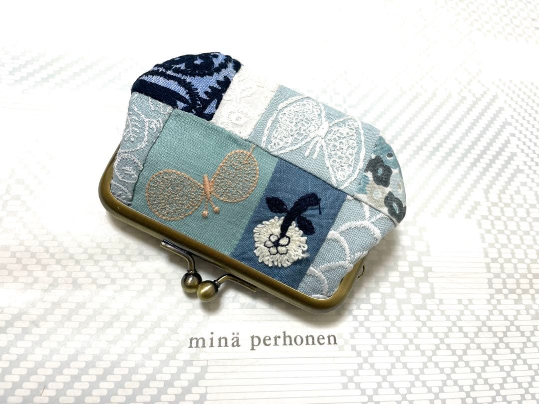 ⚮ミナペルホネン ブルー系 パッチワーク ポーチ がま口 m45 - メルカリ