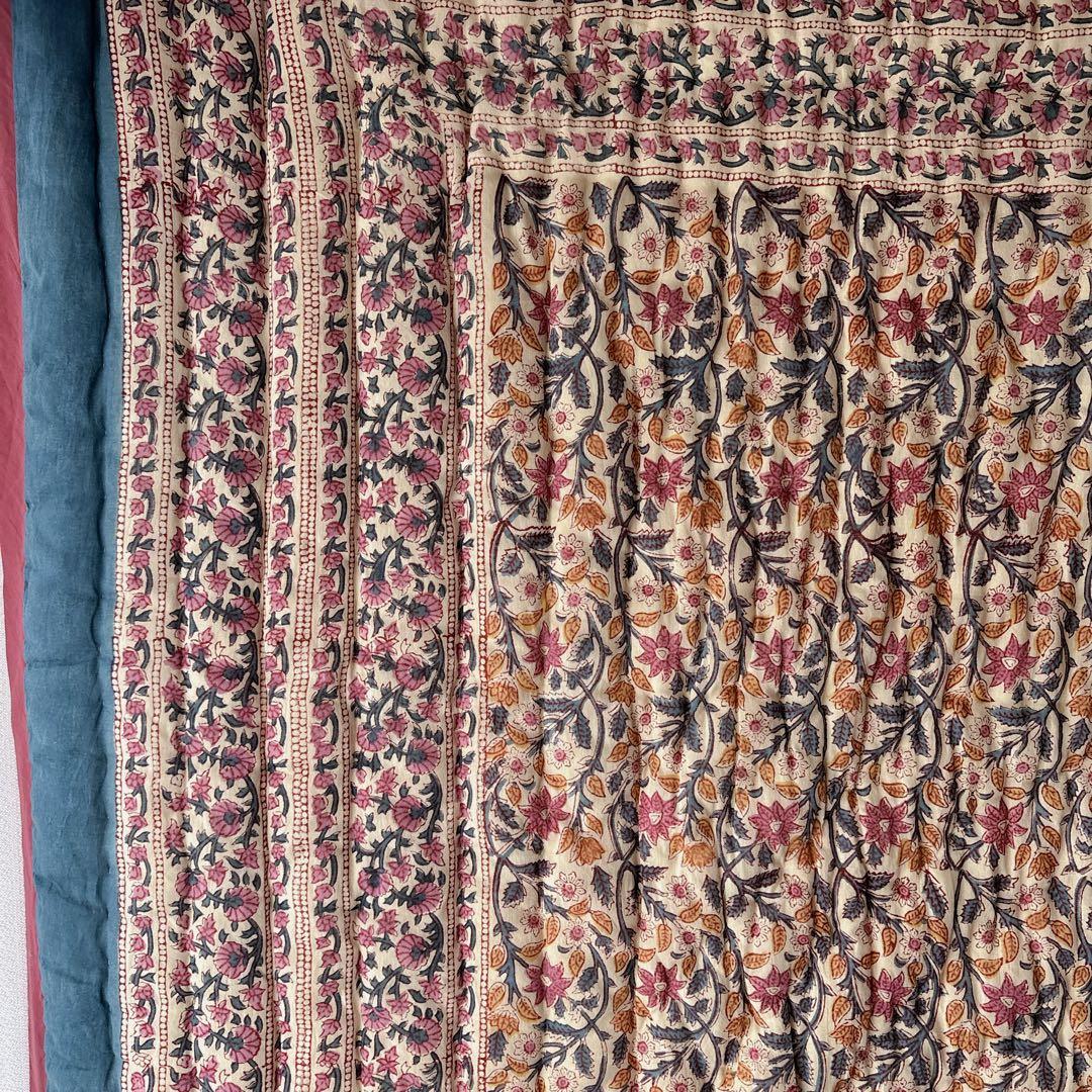 未使用※インド ブロックプリント 中綿入りキルト ノスタルジックブルー