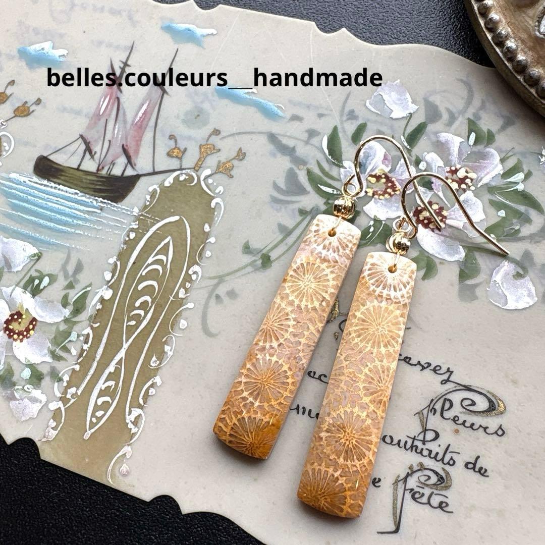 《のほほん様》フォッシルコーラルレクタングル&アイアゲート＊ピアスorイヤリング