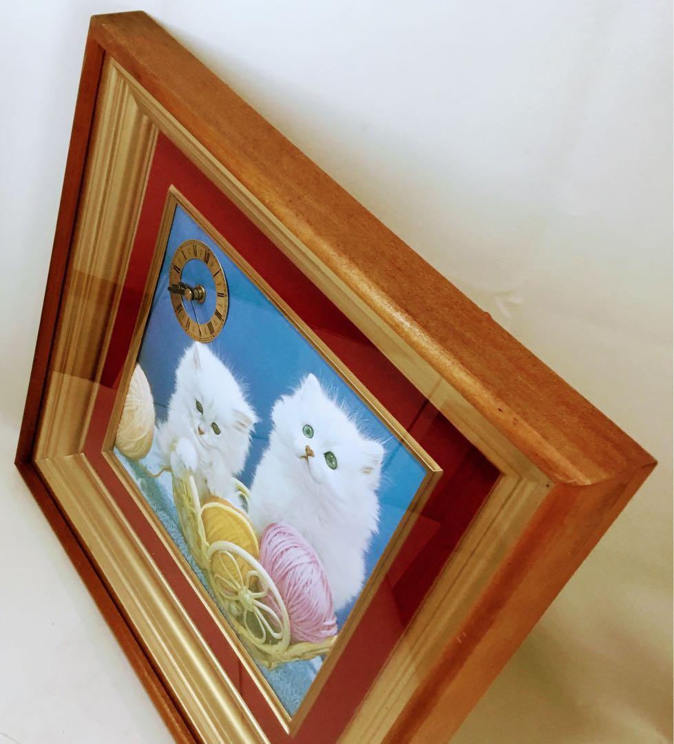 懐かしい昭和レトロ商品☆アンティーク 掛け時計 3D立体写真 子猫 額縁