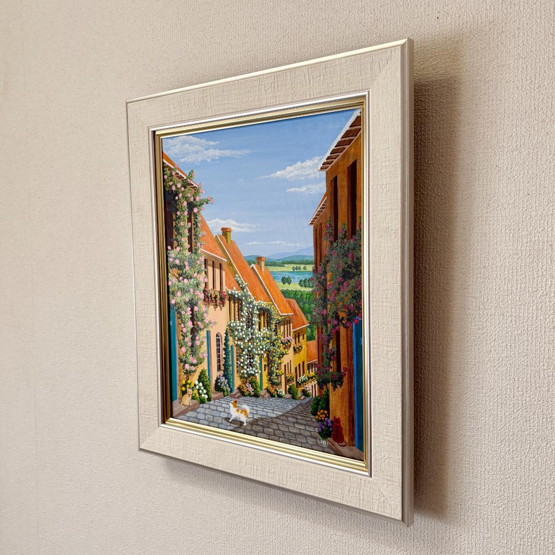 アクリル画 原画 「花の咲く路地14」額縁付き F6サイズ 風景画