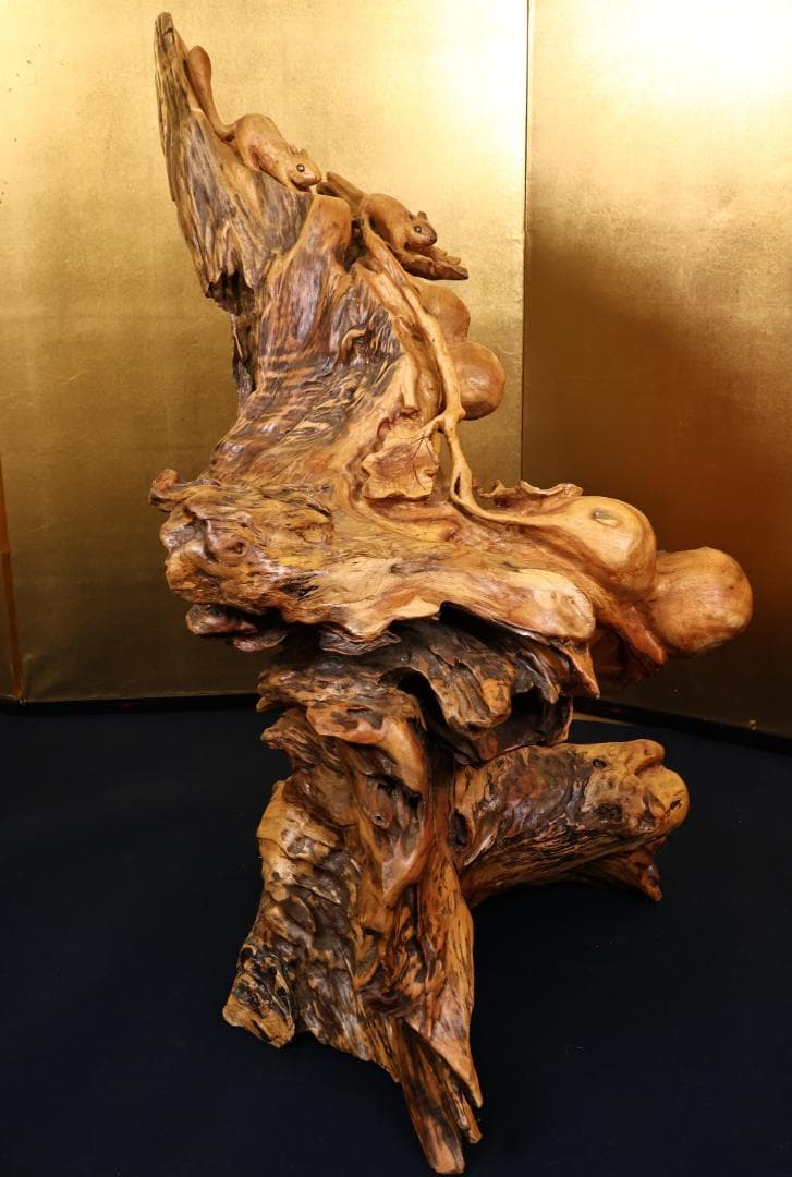 木彫 「 栗鼠と瓢箪 」 一刀彫 東洋彫刻 置物 床飾り インテリア BK38