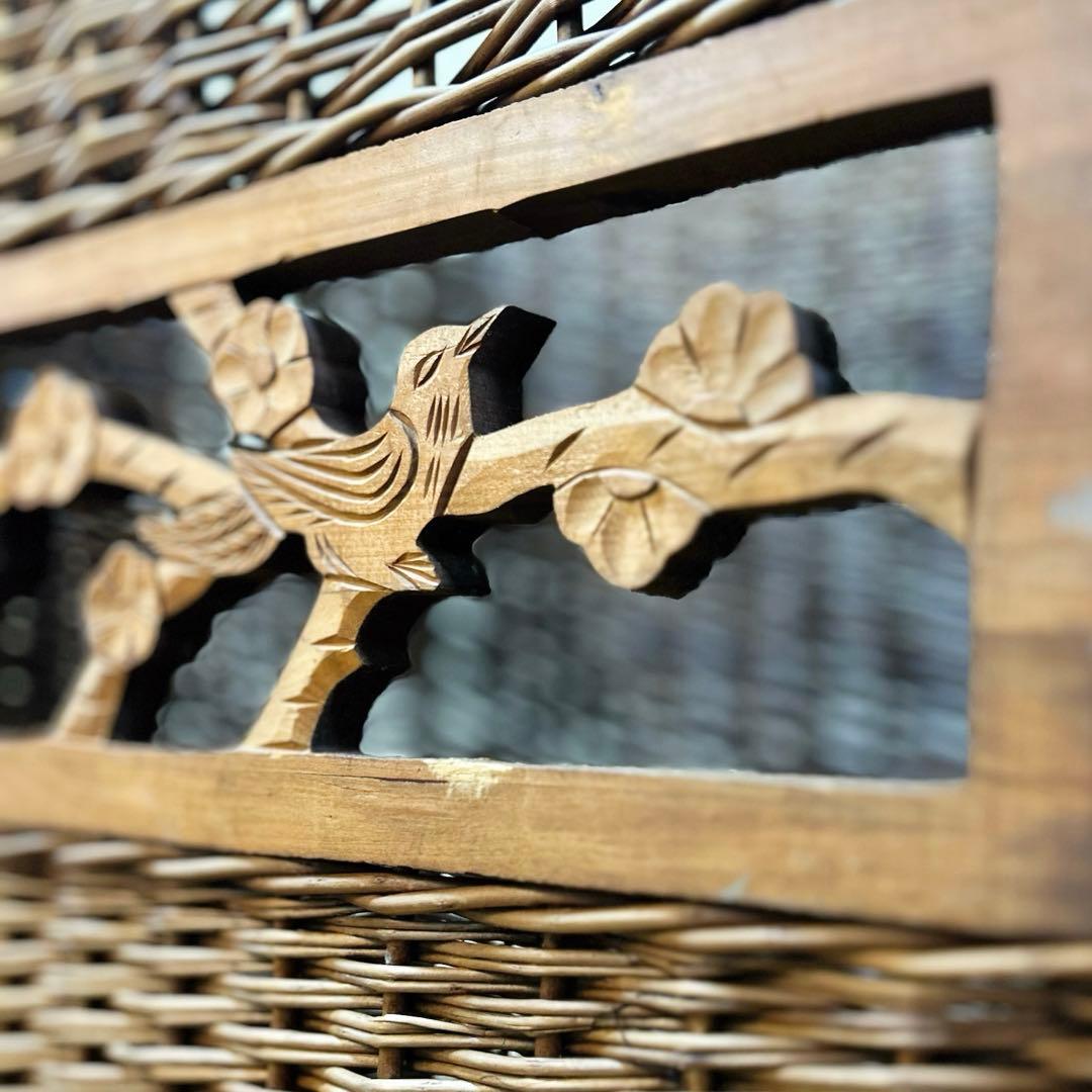 1960年代 柳編み 収納かご バスケット 木彫装飾 鳥 手編み ウィロー 藤
