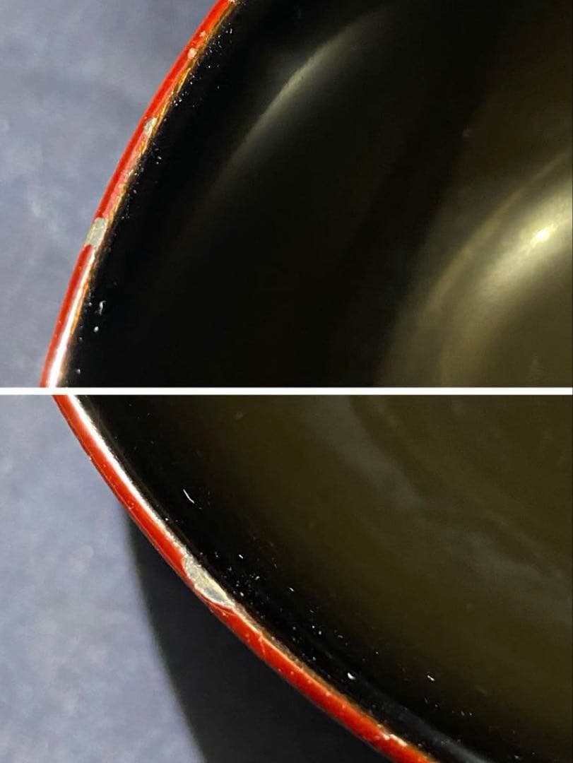 大正時代物骨董 天然木製漆器椀 梅柄金蒔絵・螺鈿 外朱内黒