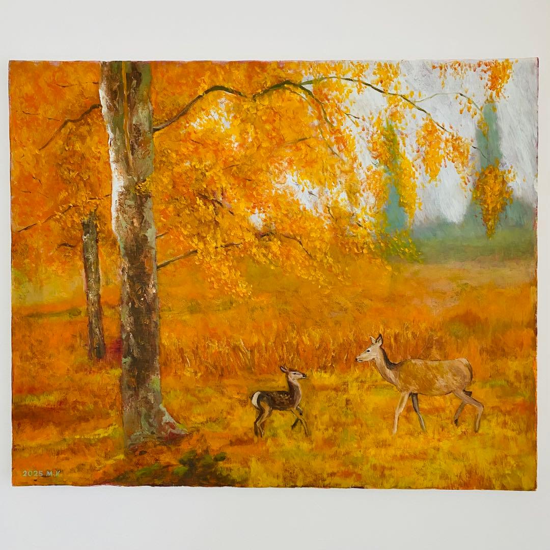 鹿の親子 F25油彩画 風景画 絵画 oil painting art 大きな鹿の油絵、野生動物のリビングルーム用のオリジナルのヘラジカの