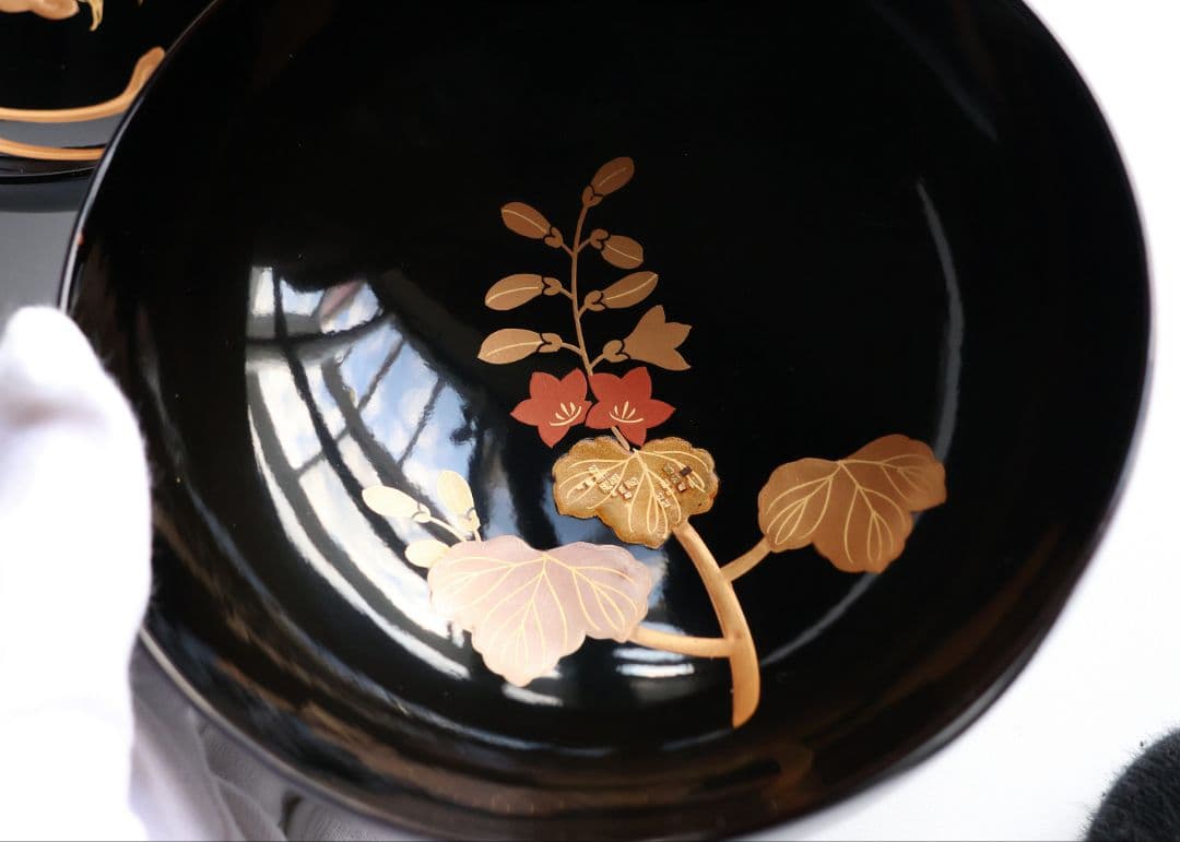 CM403】天然木漆塗 菊桐鳳凰金蒔絵 黒塗 吸物椀 1客 昭和期 木製漆器