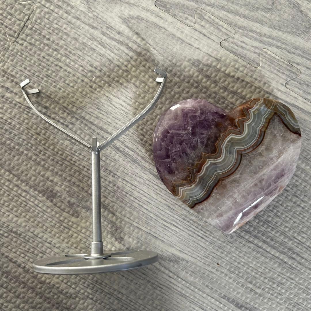 《美品》　アメジスト　アゲート　共生　ハート　台座付き