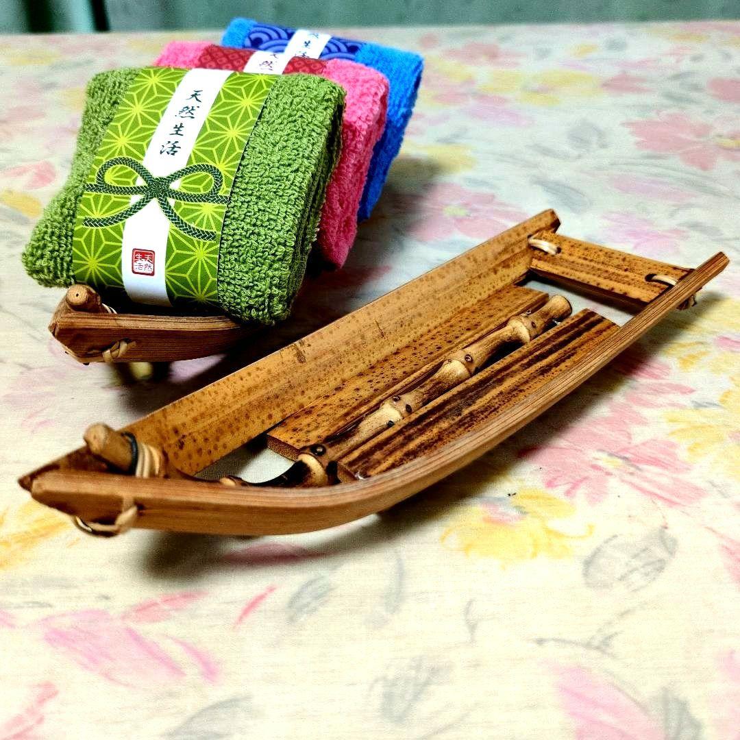 昭和レトロ】手作り小舟竹製おしぼり置き（2点） おしぼり（3点