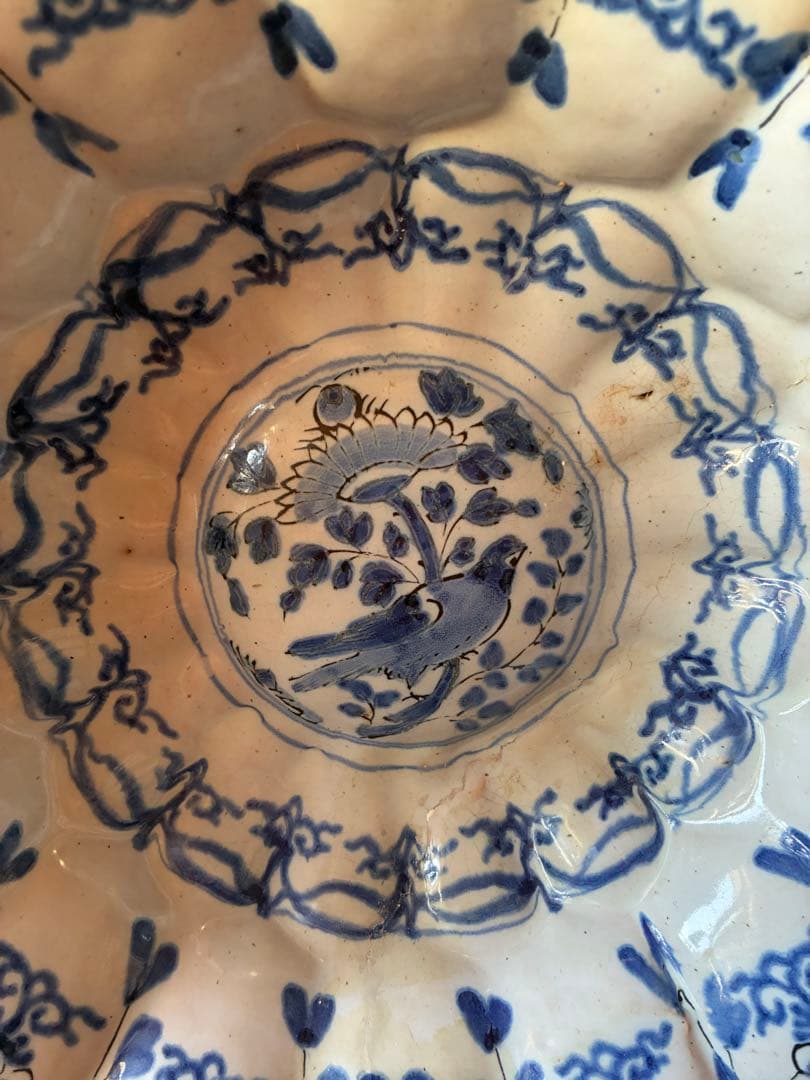 染付け花鳥文輪花大鉢 デルフト陶器 17世紀 オランダ 江戸時代初期