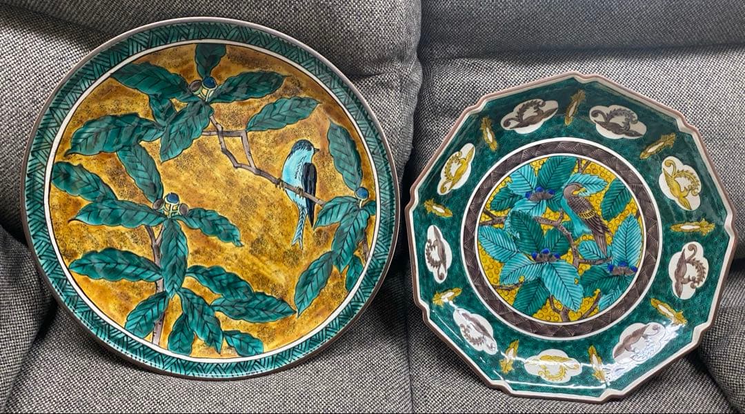 【美品】九谷焼　龍山　良山　花鳥図　大皿　盛り皿　２枚　セット 九谷焼 4.2号皿揃 花鳥絵変り（5枚セット） a01 民芸品 工芸品 お皿 豆
