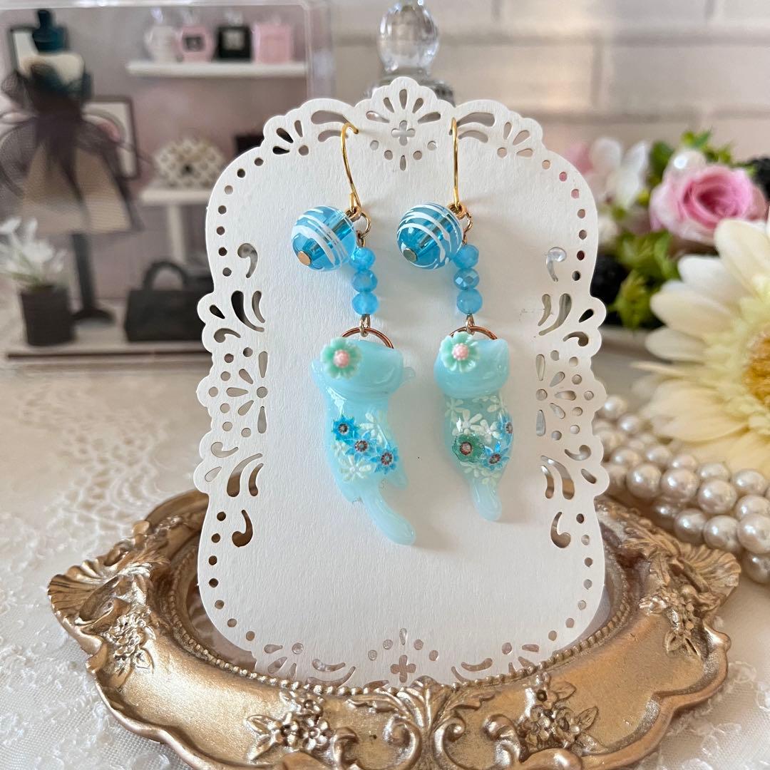 ฅ❤️ ねこ 猫 レジン 花 ヨーヨー 祭り 夏 ピアス イヤリング ピアス