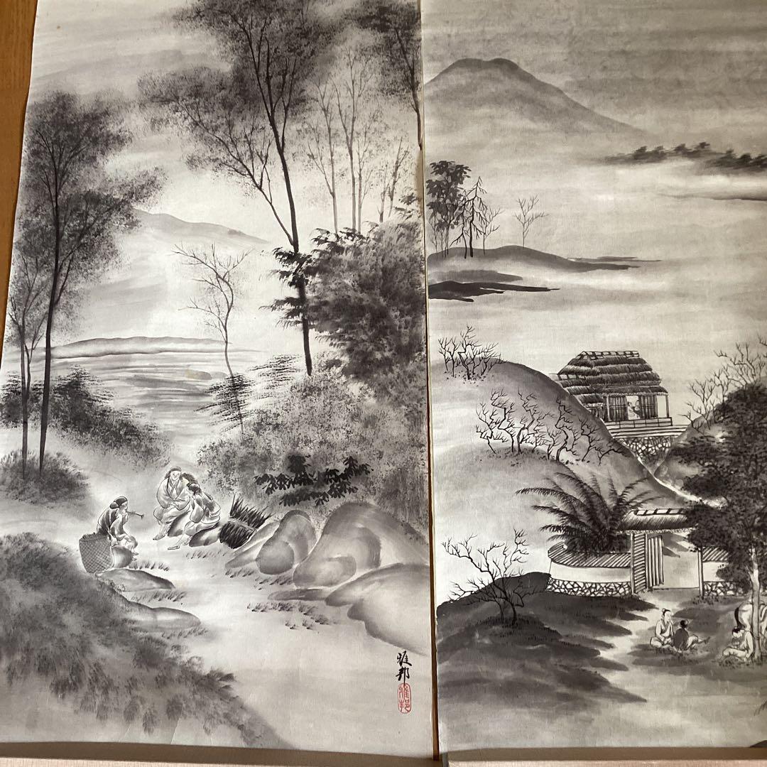 橋本雅邦　紙本水墨画《風景人物画》肉筆　落款印譜あり　双幅捲り　模写　NO107