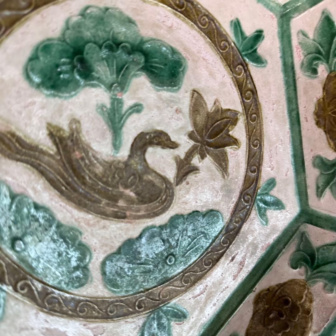 希少 遼代 三彩八角盤 清朝期 粉彩花の図 輪花台皿 中国古玩 中国美術