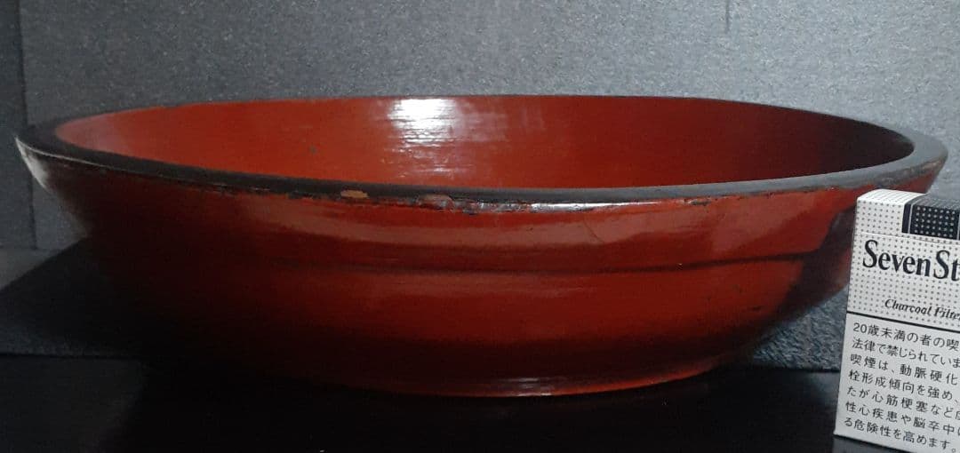【古民芸】明治時代頃　本天然木　くり貫き　朱漆塗り　42.9cm　こね鉢　盆