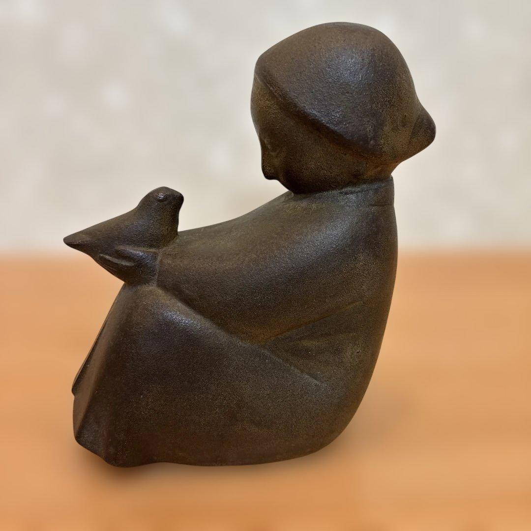 山本正道作 鳩と少女 彫刻 青銅 骨董 アンティーク ビンテージ 山本正道 ブロンズ像 二本の樹と少女 彫刻 オブジェ/Yamamoto