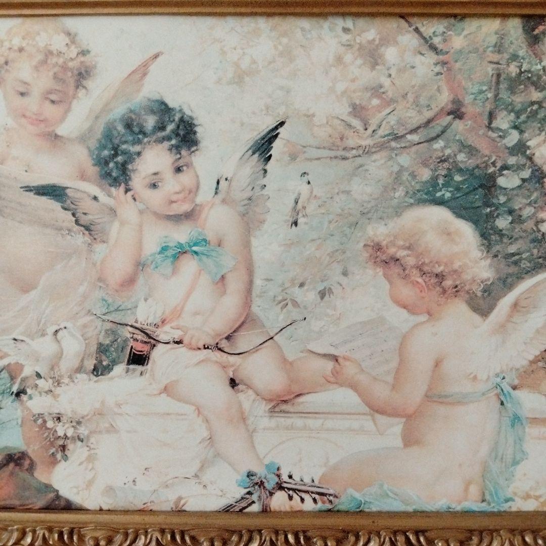 エンジェル絵画 天使の絵 ゴールドフレーム 金色アンティーク額縁 海外