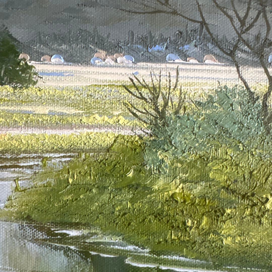 雪山と川の風景 油彩画