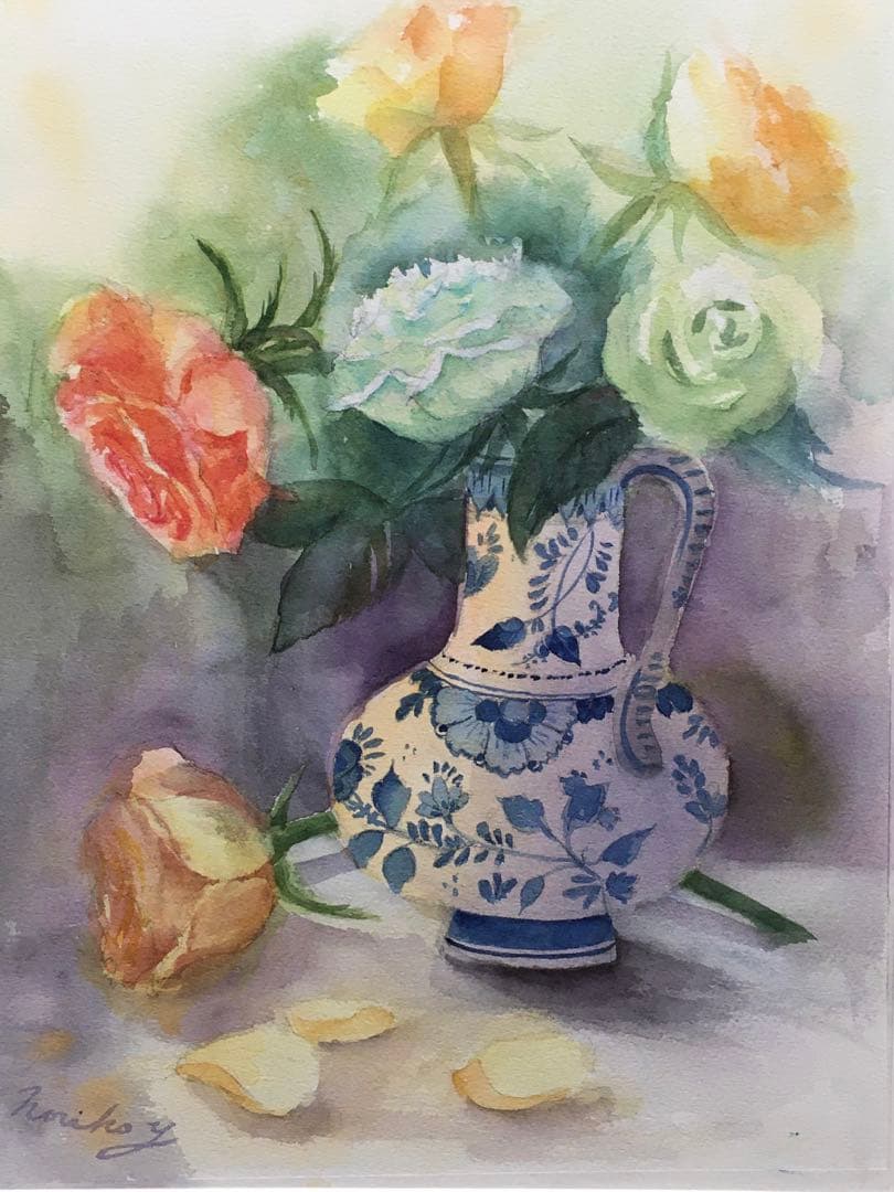 透明水彩画原画オレンジの薔薇とデルフト焼きの花瓶⑨ - メルカリ