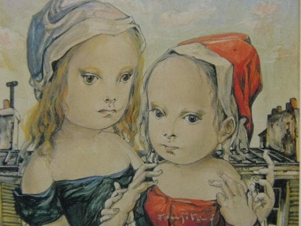 藤田嗣治、「Deux Enfants」、希少画集の額装画、人気作品