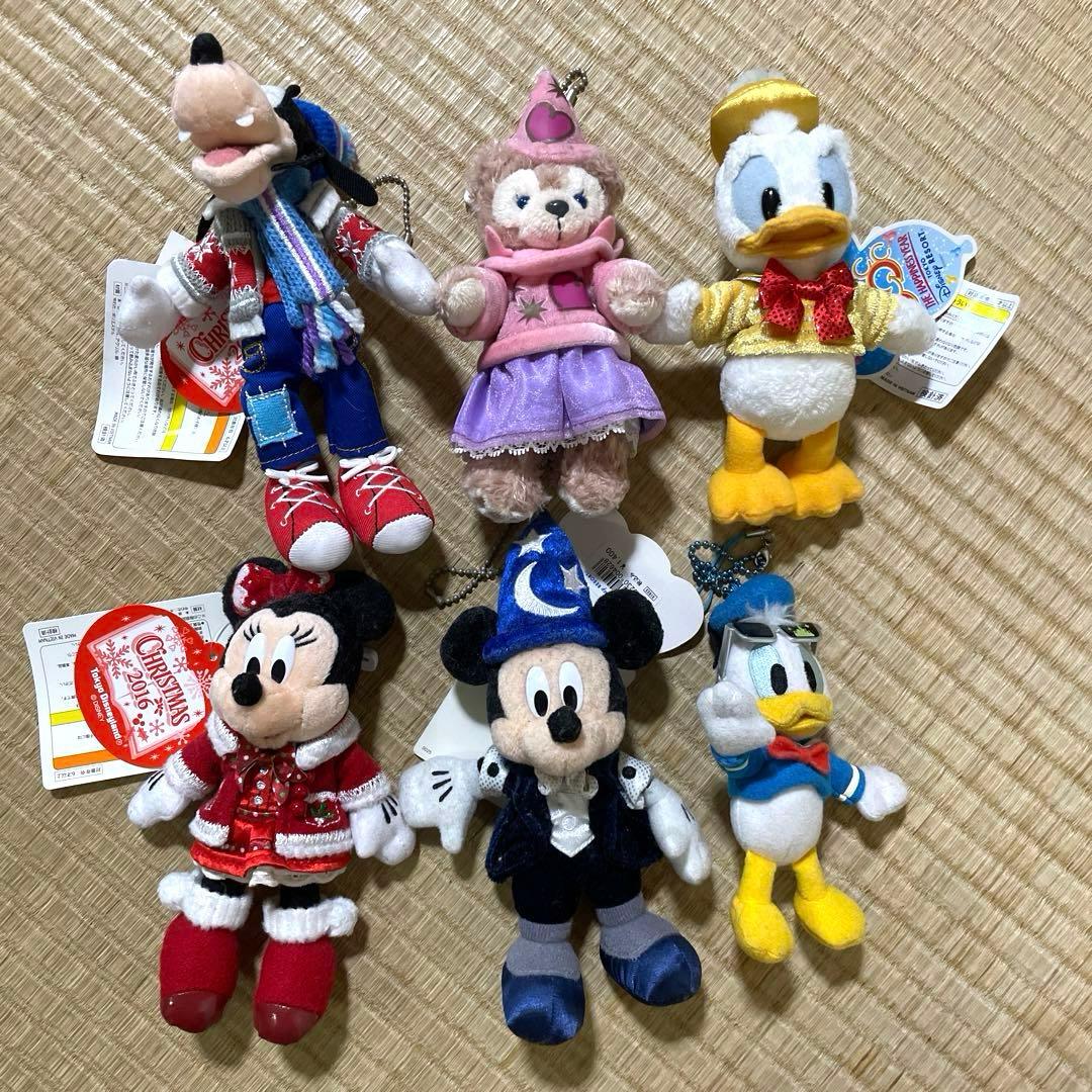 未使用】ディズニー ぬいぐるみ ストラップ キーホルダー バッジ 6個