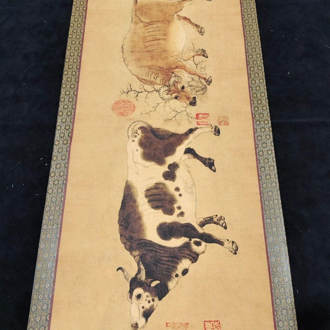 中国古画 韓滉《五牛図》 中巻 絹本 掛け軸 約392×71cm