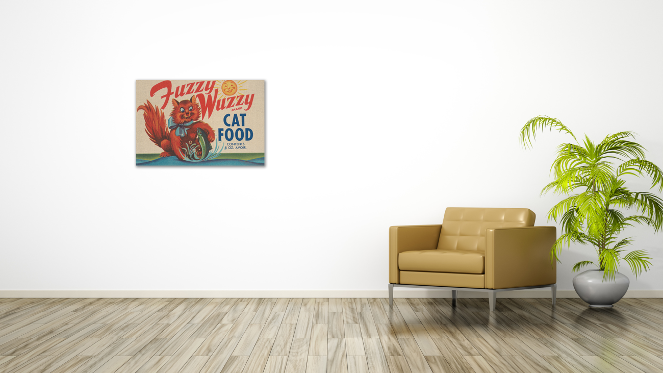 FUZZY WUZZY BRAND CAT FOOD FINE ART CANVAS PRINT (20″X30″)