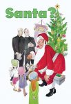 Santa Gives Toys to Children while Two Priests Look on