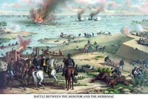 Naval Engagement of the Monitor & Merrimack or the Battle of Hampton Roads(20" x 30") Canvas Wall Art