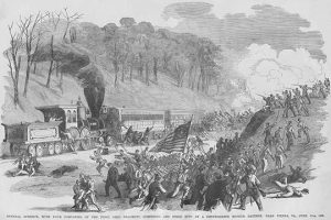 Ohio Regiment on train ambushed by Confederates in Vienna Virginal(20" x 30") Canvas Wall Art