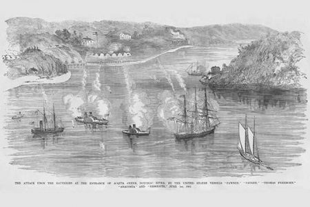 US Naval Bombardment of Southern Batteries at Acquia Creek on the Potomac.