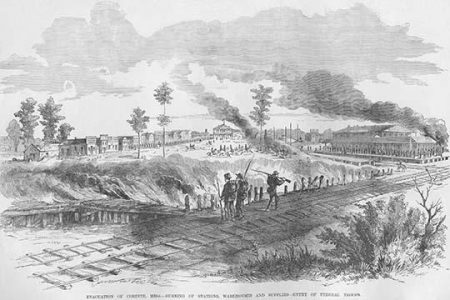 " Evacuation of Corinth, Mississippi by Railroad Tracks; burning of Warehouses"