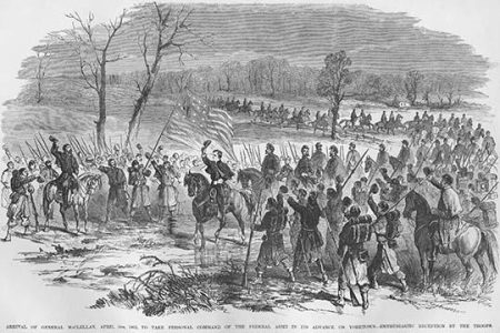 " General McClellan arrives to take command of the Siege of Yorktown, Virginia"