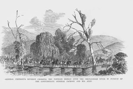 Fremont crosses Pontoon Bridge over Shenandoah in pursuit of Stonewall Jackson