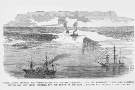 Naval Combat between War Steamer Mississippi & Confederate Iron cased Battery Ram