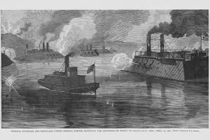 Federal Gunboats & Ironclads under Admiral Porter bombard Confederates at Grand Gulf Mississippi(20" x 30") Canvas Wall Art