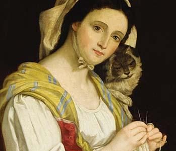 Portrait of a Woman Knitting with a Cat