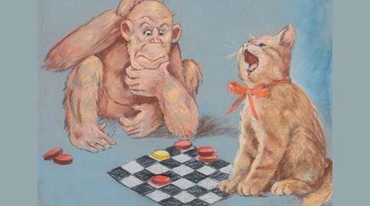 Monkey and Cat Playing Checkers