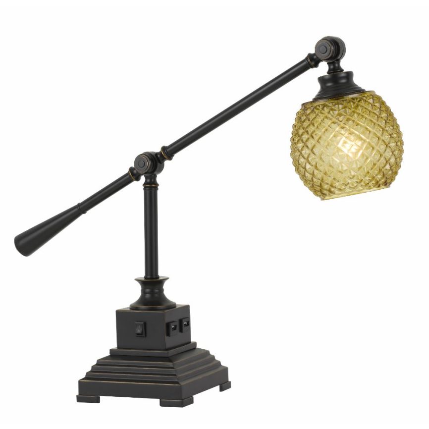 CAL Lighting BO-2777DK 60W Brandon Metal Desk Lamp With Glass Shade And 2 Usb Outlets